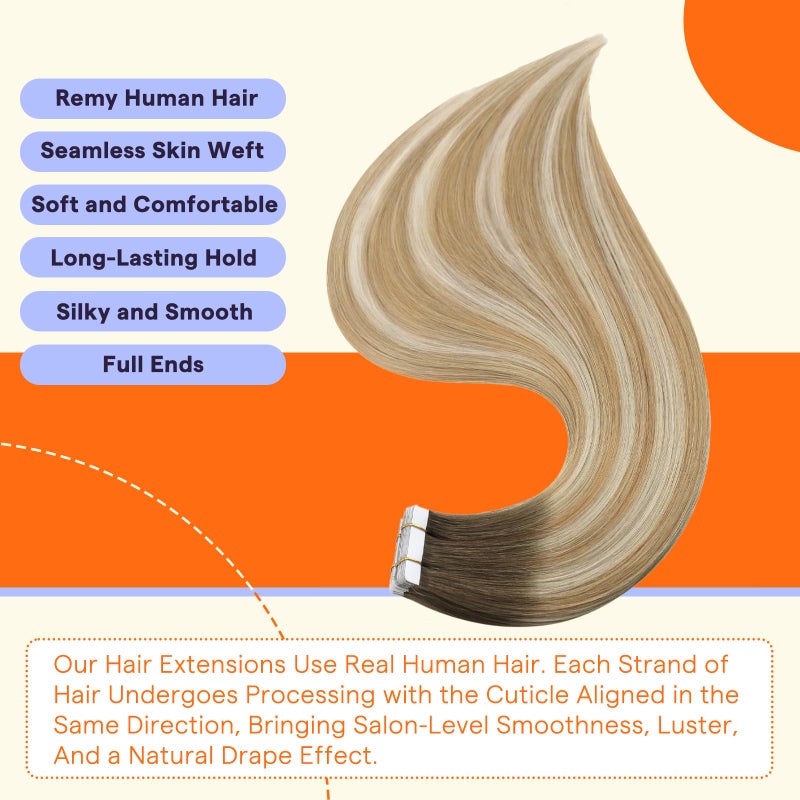 Fshine Full Shine Tape Hair Extensions Human Hair 16 Inch 50 Grams Tape in Hair Extensions Double Sided Color 6 Fading to 27 Honey Blonde Highlight 60 Blonde Seamless Skin Weft Extensions 20PCS Add Volume - Image 2